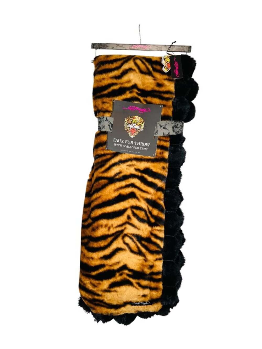 Ed Hardy Tiger Print Faux Fur Throw Blanket 50x70 NWT Scalloped Trim Plush Rare